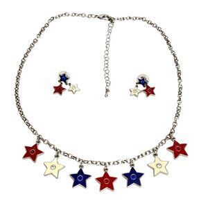 Patriotic Red White Blue Enamel Star Necklace Earrings By Montana Silversmiths